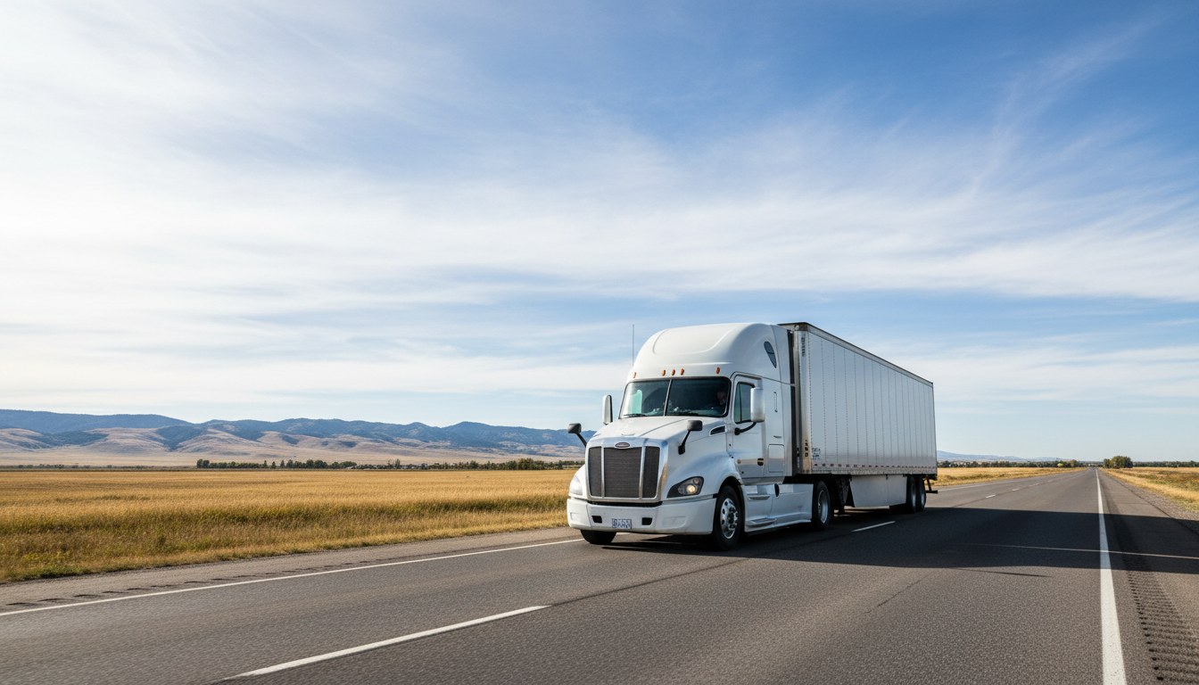 A commercial highway tractor and trailer on an open Alberta highway