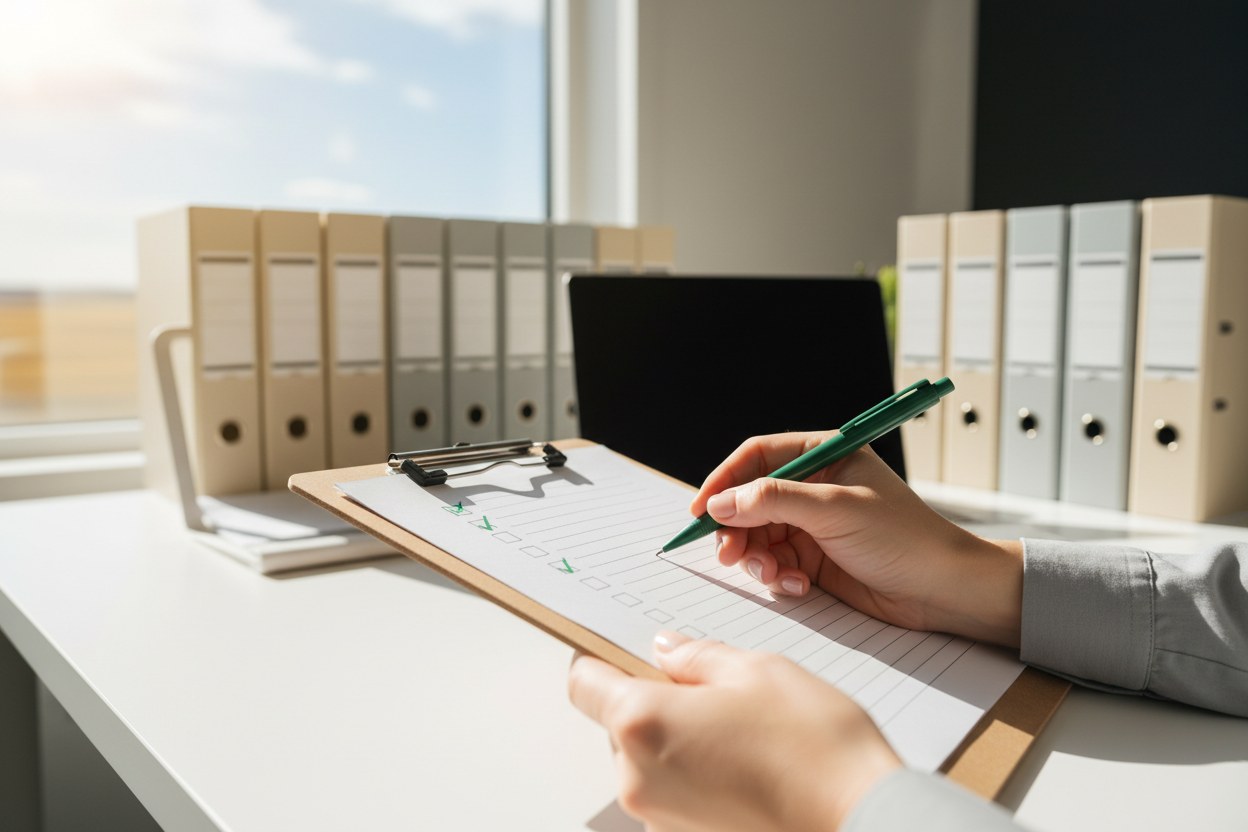 Working through a compliance checklist on a clipboard