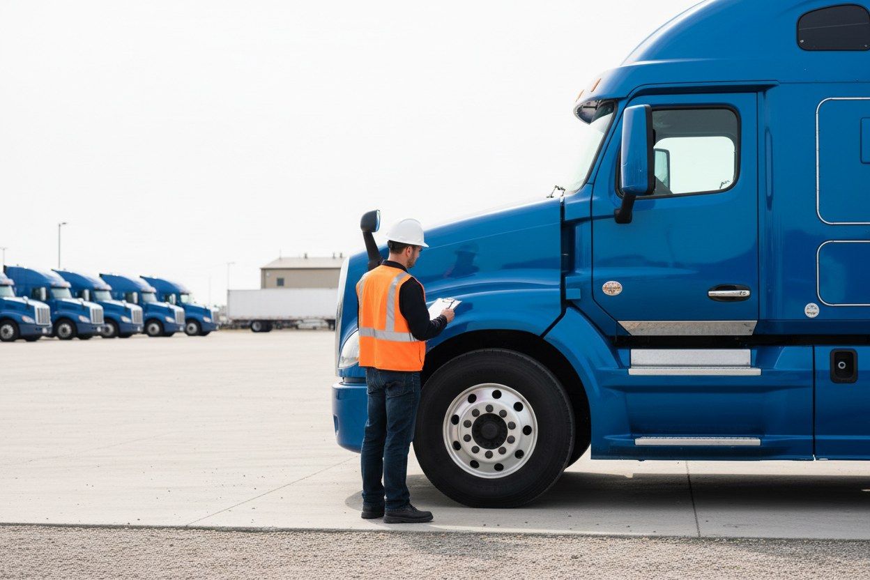 A safety inspector performing a walkaround inspection on a highway tractor
