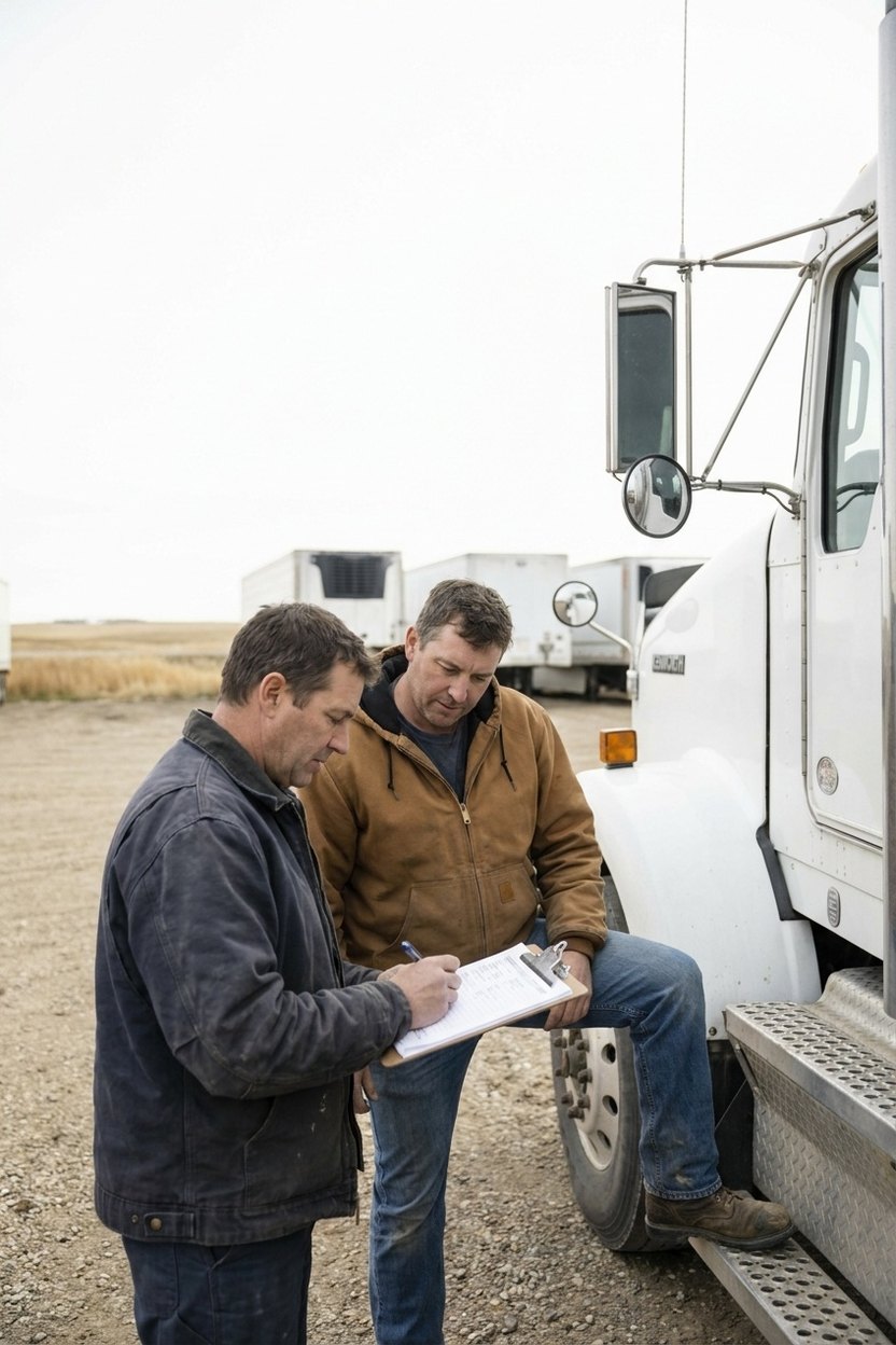 A safety auditor taking notes while interviewing a driver beside a highway tractor in a carrier's yard